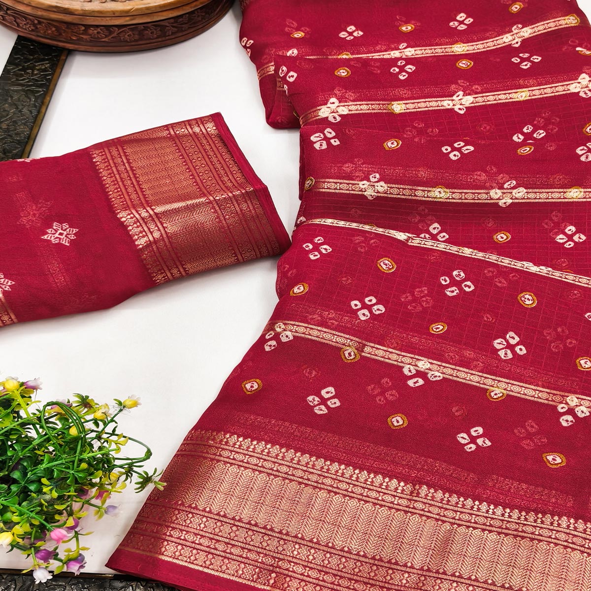 Classic Red Art Silk Saree With Striped Weaving & Traditional Bandhani Print