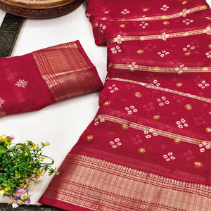 Classic Red Art Silk Saree With Striped Weaving & Traditional Bandhani Print