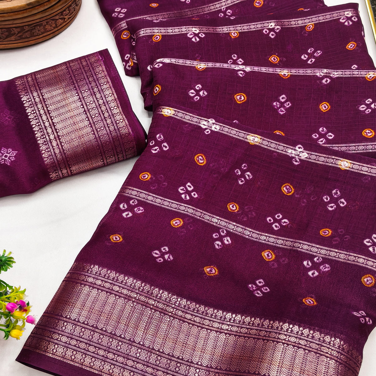 Classic Wine Art Silk Saree With Striped Weaving & Traditional Bandhani Print