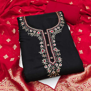 Black Chanderi Silk Dress Material Featuring Intricate Beads & Stone Embroidery