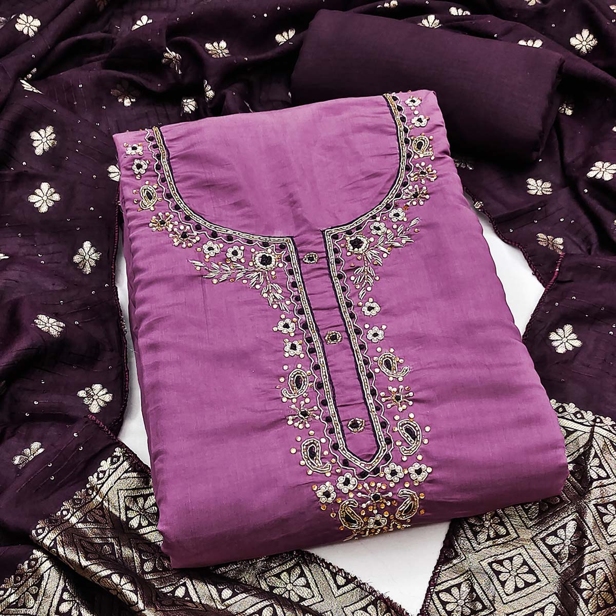 Light Purple Chanderi Silk Dress Material Featuring Intricate Beads & Stone Embroidery