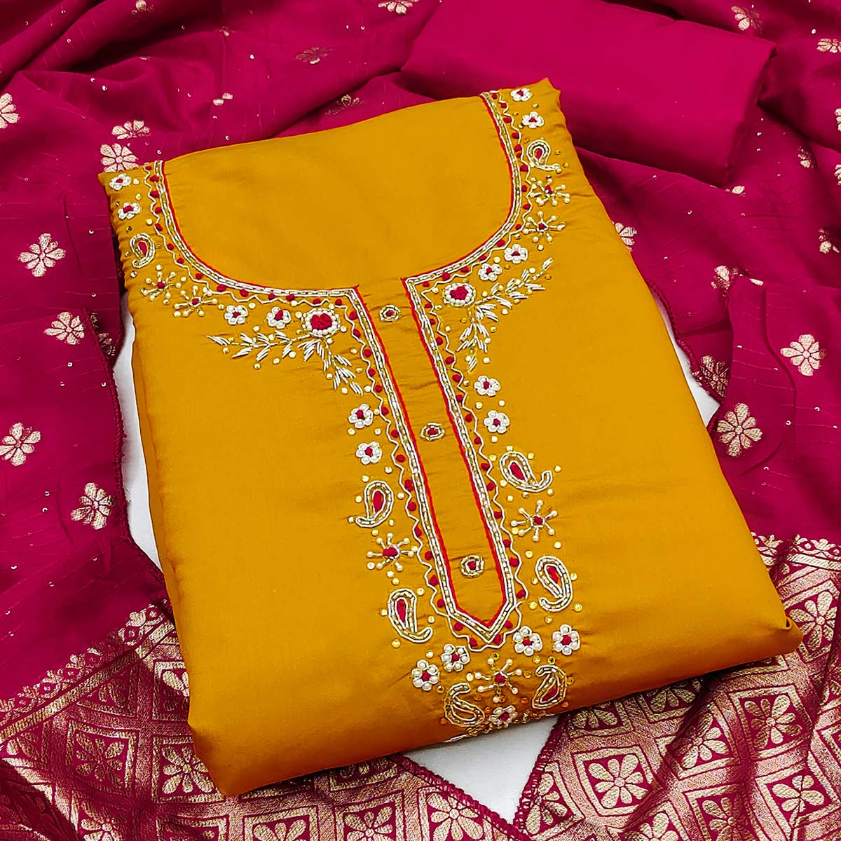 Mustard Chanderi Silk Dress Material Featuring Intricate Beads & Stone Embroidery