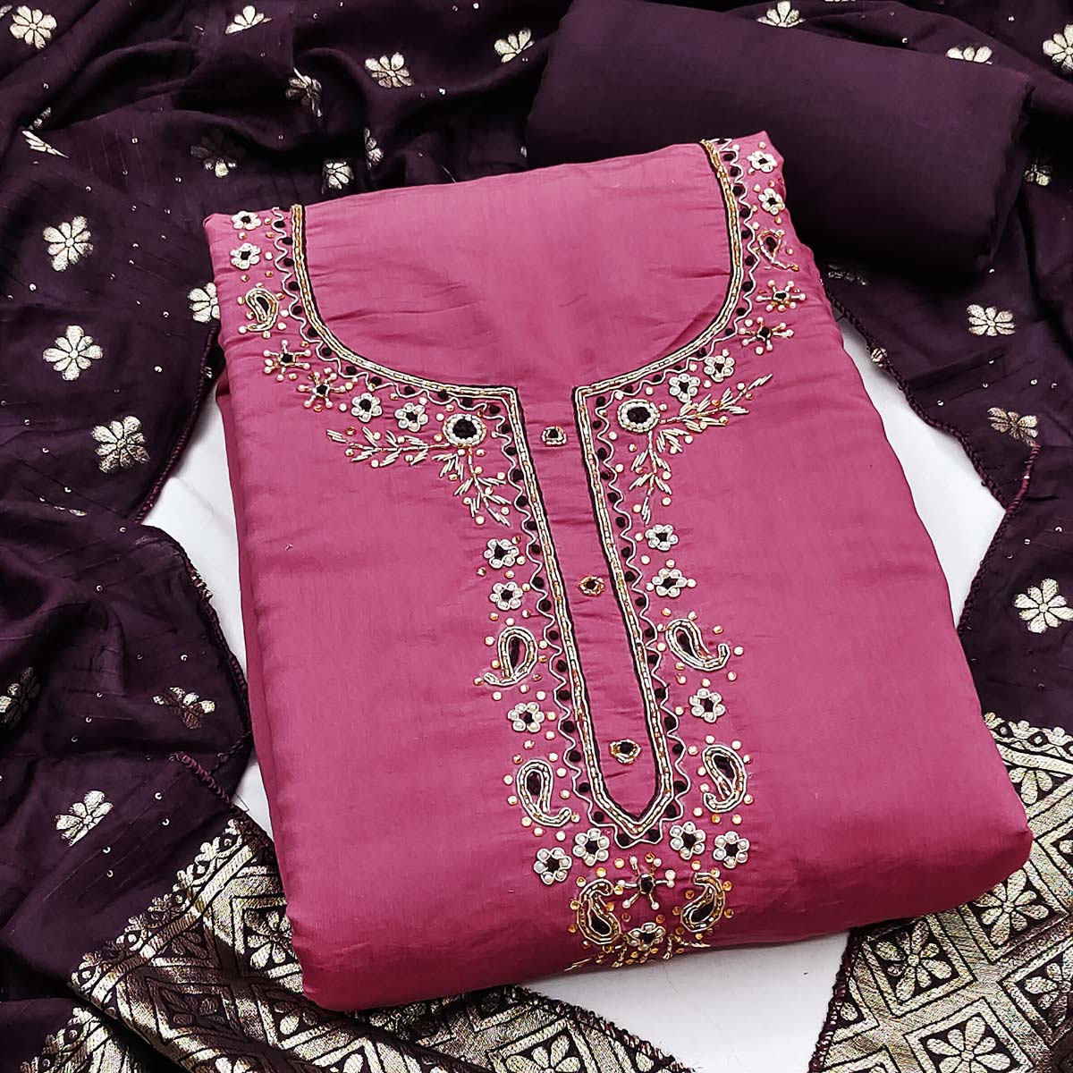 Rose Pink Chanderi Silk Dress Material Featuring Intricate Beads & Stone Embroidery