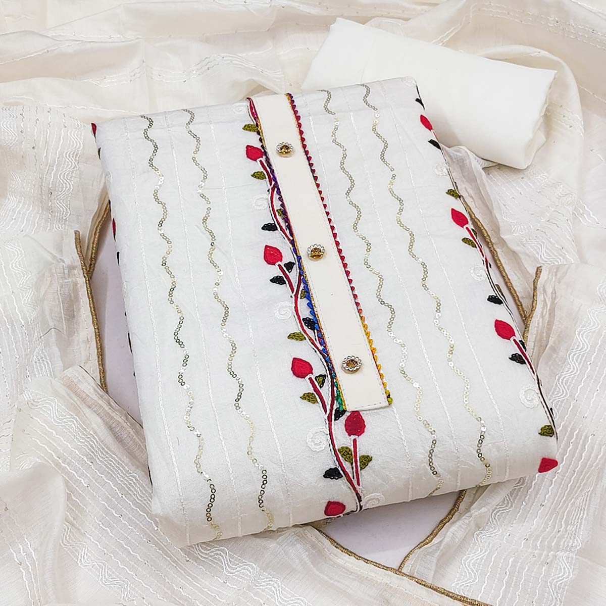 Alluring White Chanderi Silk Dress Fabric Featuring Delicate Sequins Embroidery