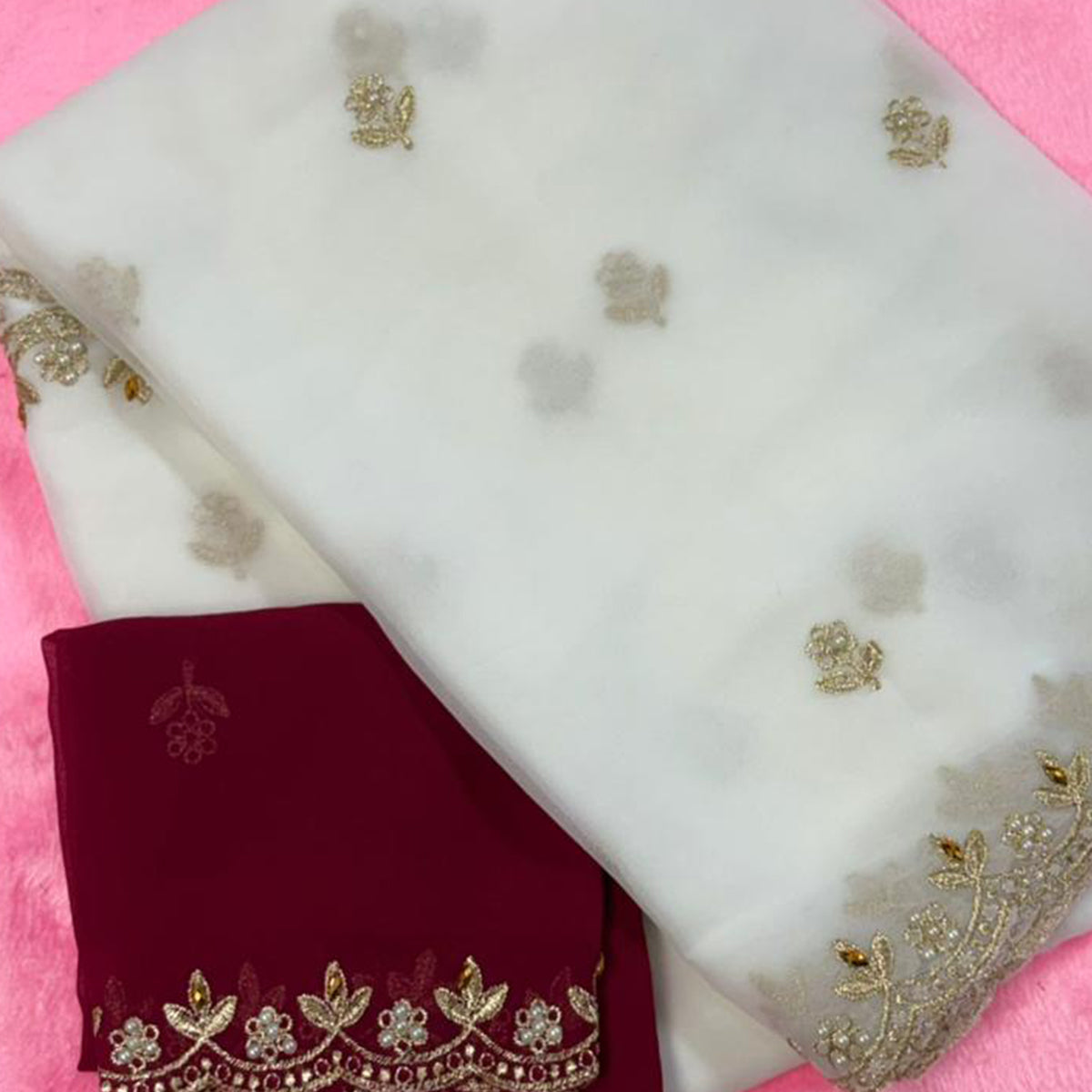 Graceful White Georgette Saree Adorned With Floral Embroidery & Moti Beads Detailing