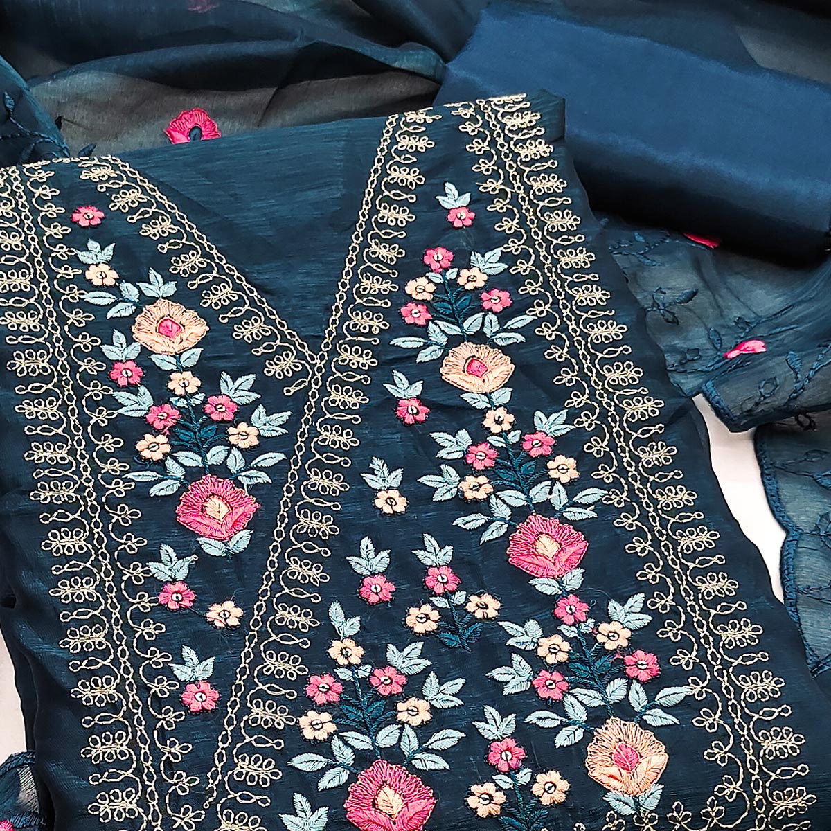 Majestic Bloom Blue Art Silk Dress Material With Exquisite Floral & Sequins Detailing