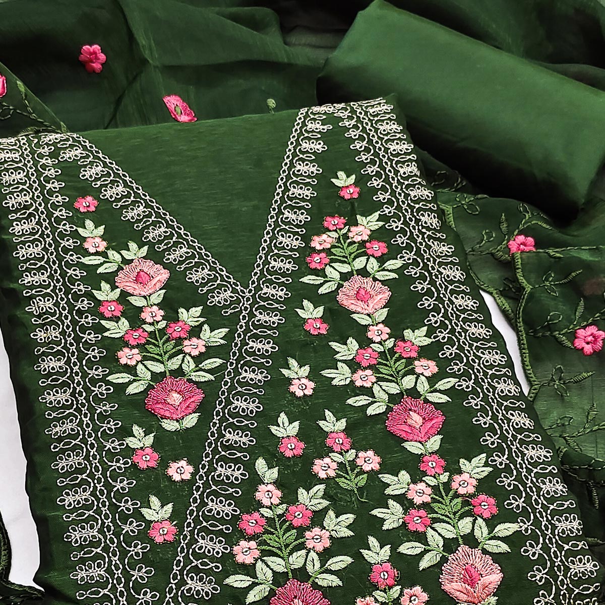 Majestic Bloom Green Art Silk Dress Material With Exquisite Floral & Sequins Detailing