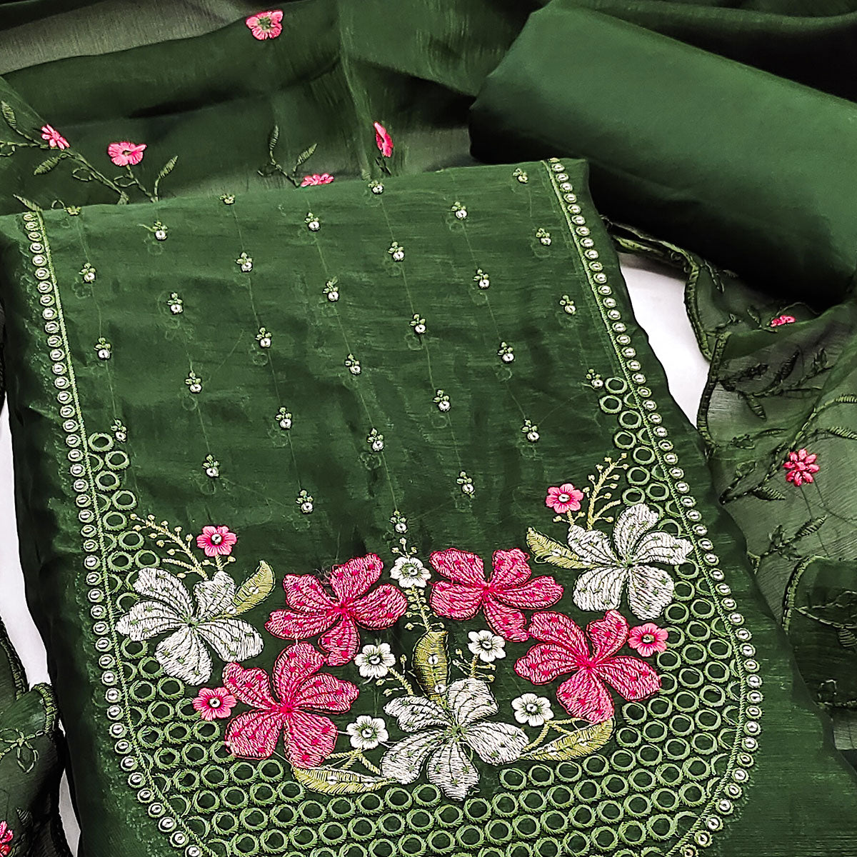 Ethereal Grace Green Floral Embroidered & Sequins Enhanced Art Silk Dress Material
