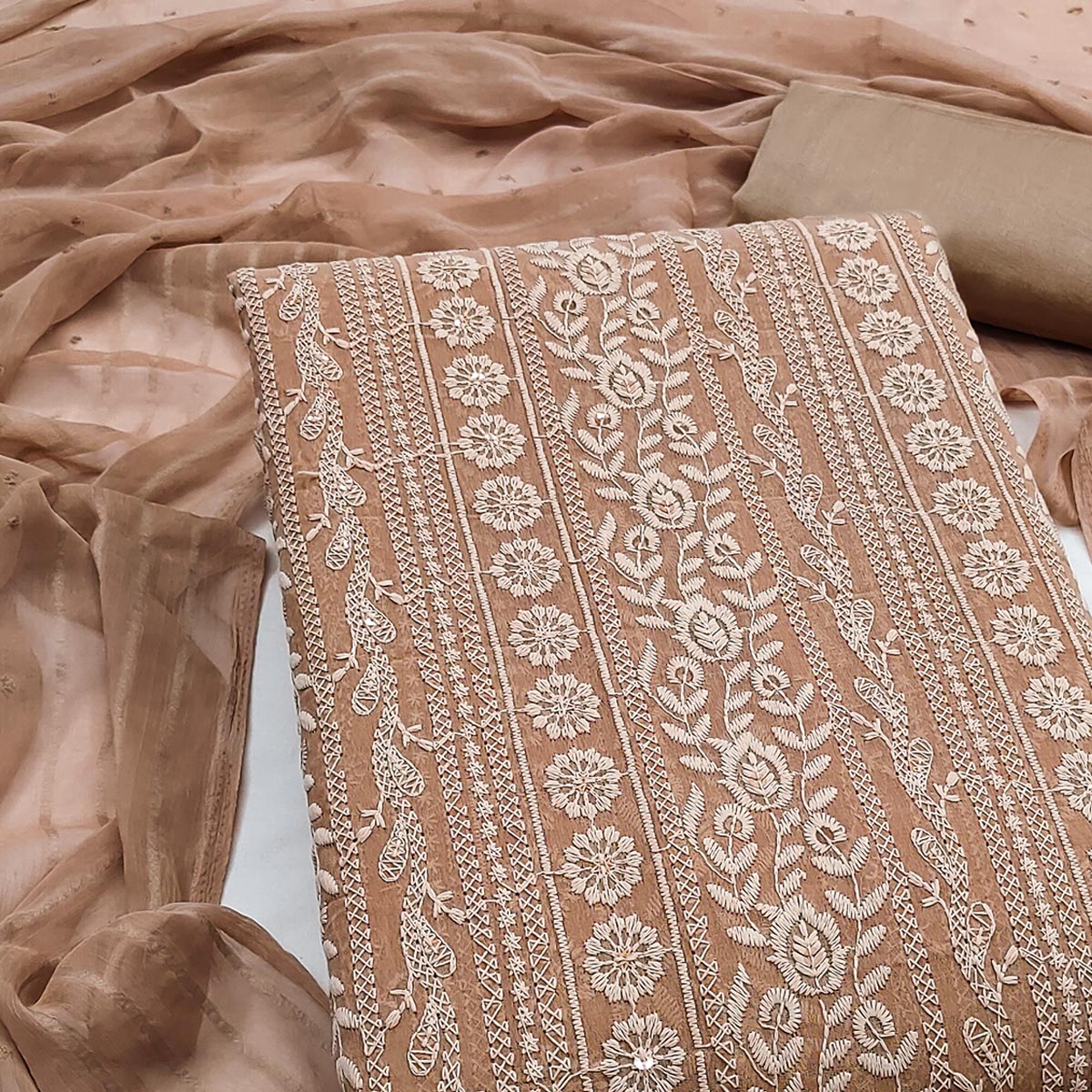 Stunning Brown Floral Embroidery With Sparkling Sequins Work Georgette Dress Material