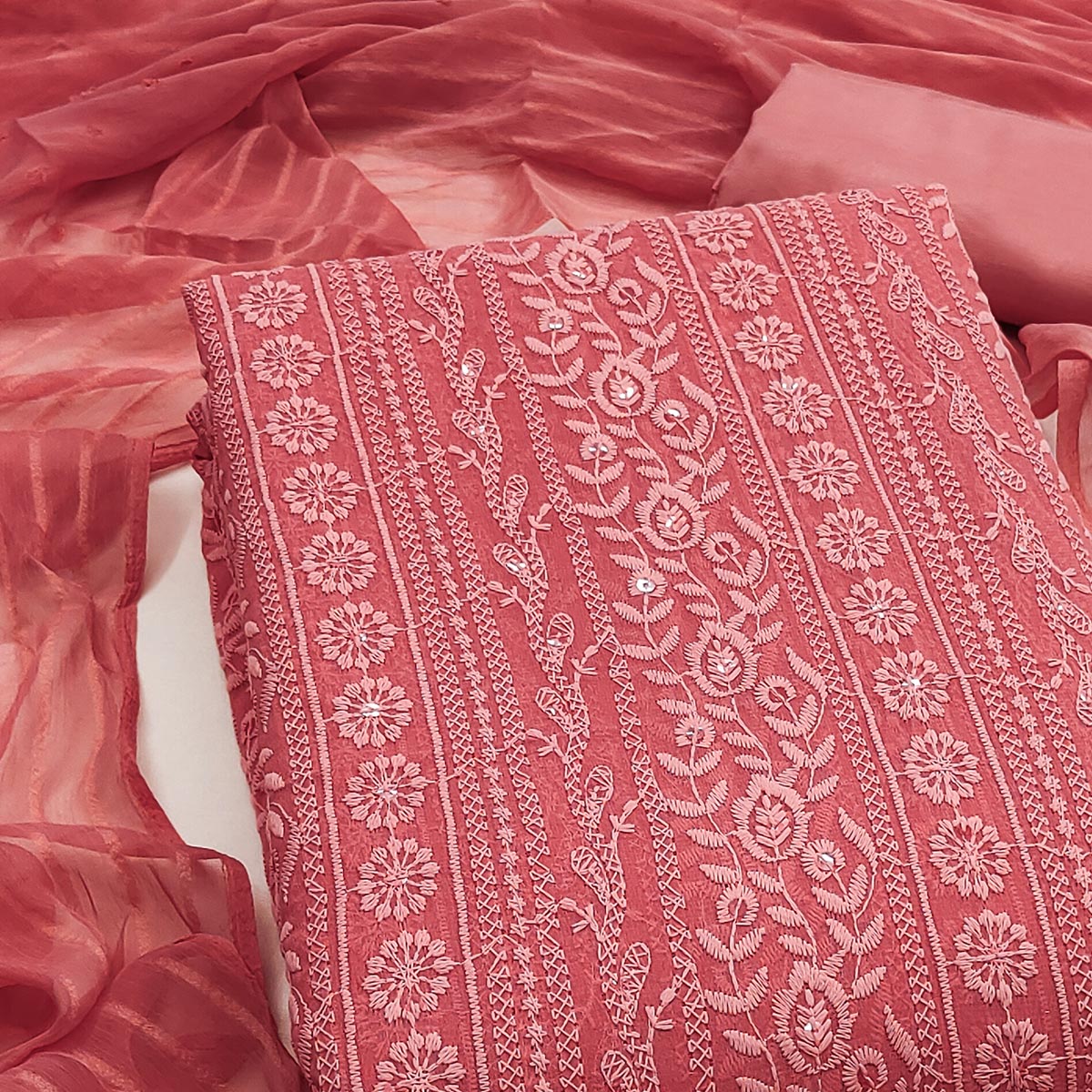Stunning Coral Pink Floral Embroidery With Sparkling Sequins Work Georgette Dress Material