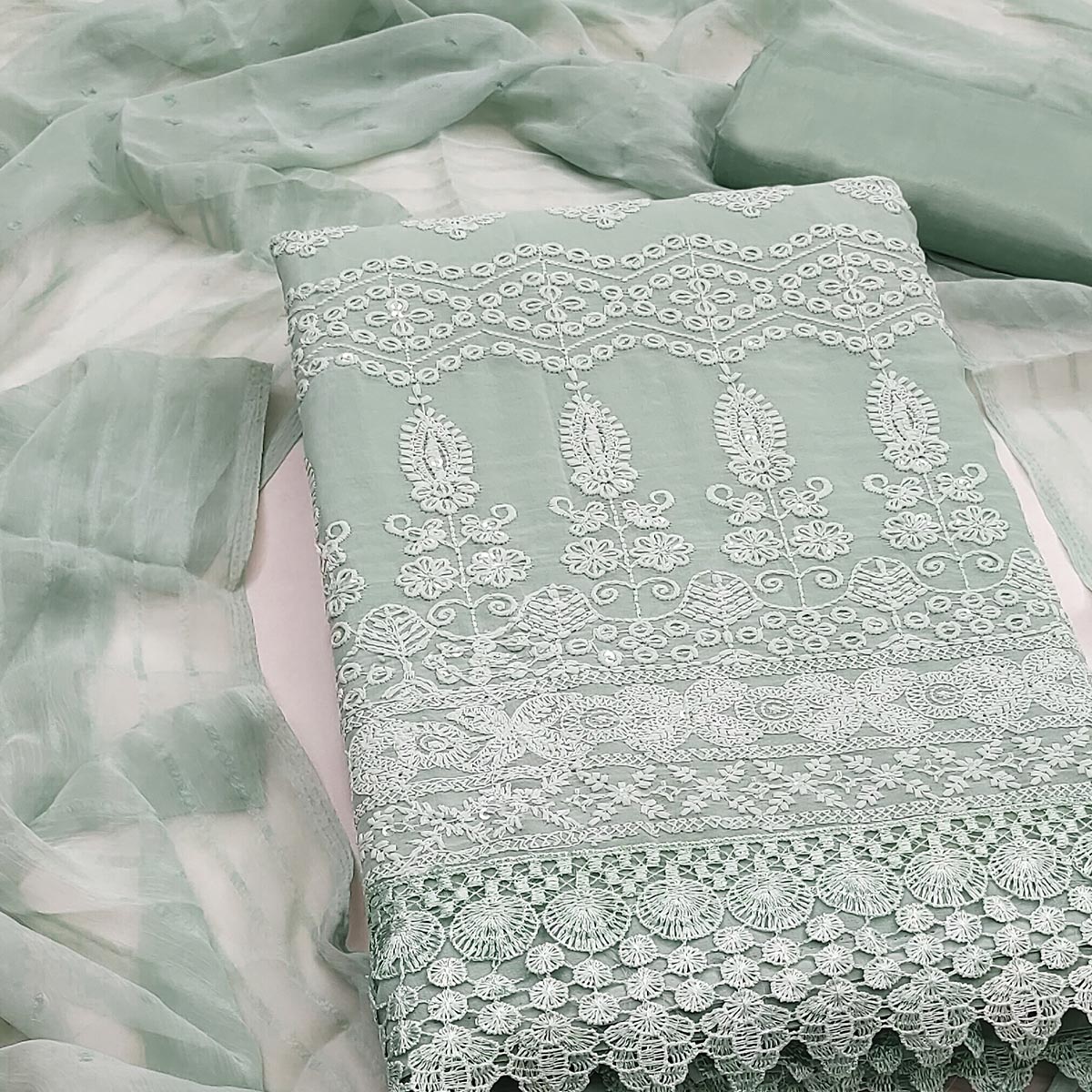 Stunning Sea Green Floral Embroidery With Sparkling Sequins Work Georgette Dress Material