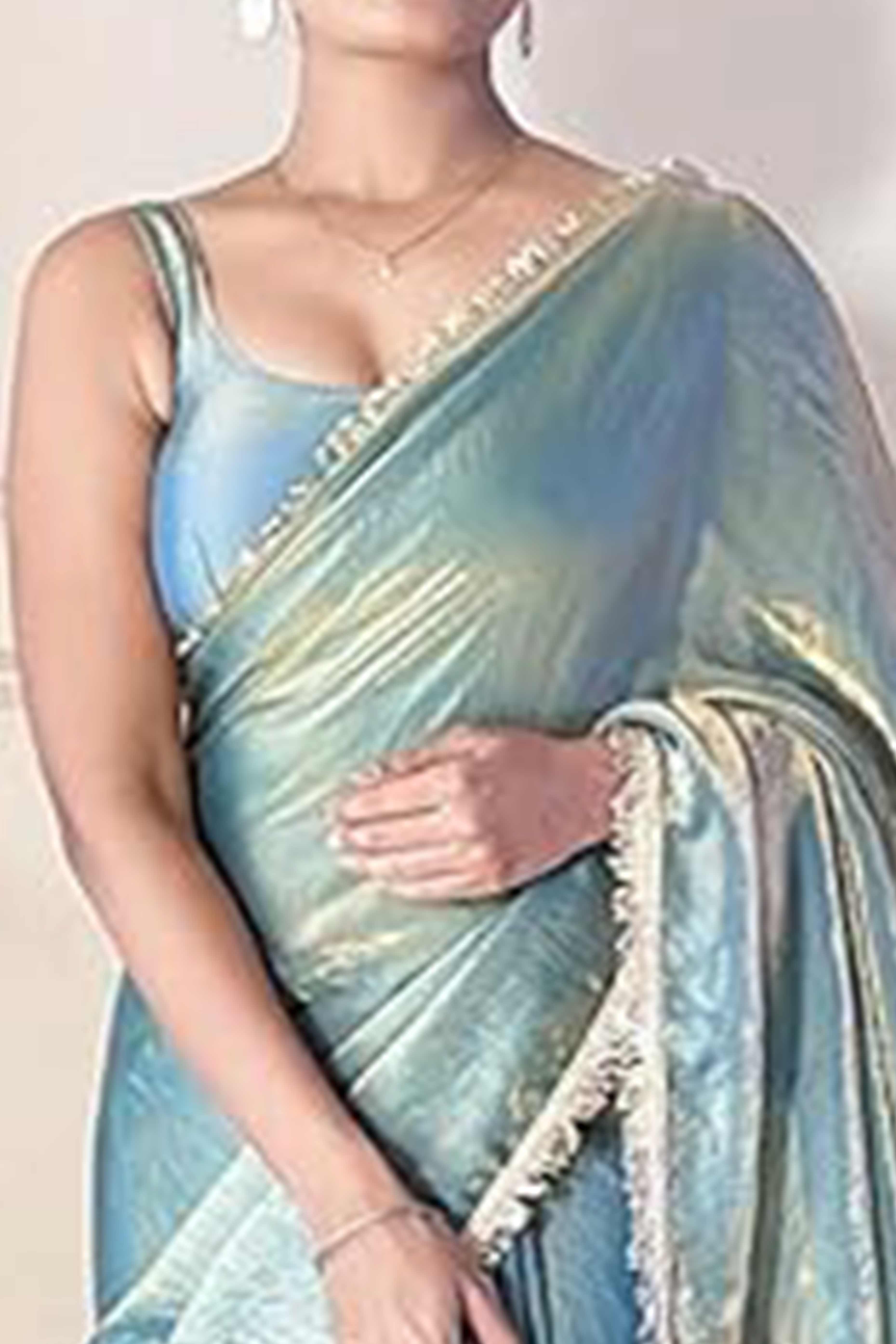 Modern Blue Organza Satin Silk Saree With Refined Lace Border For Elegant Occasions