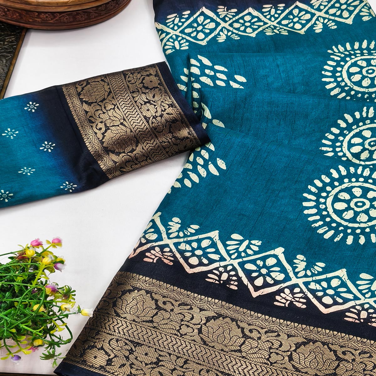 Exclusive Blue Batik Printed Saree in Soft Dola Silk Fabric with Intricate Detailing