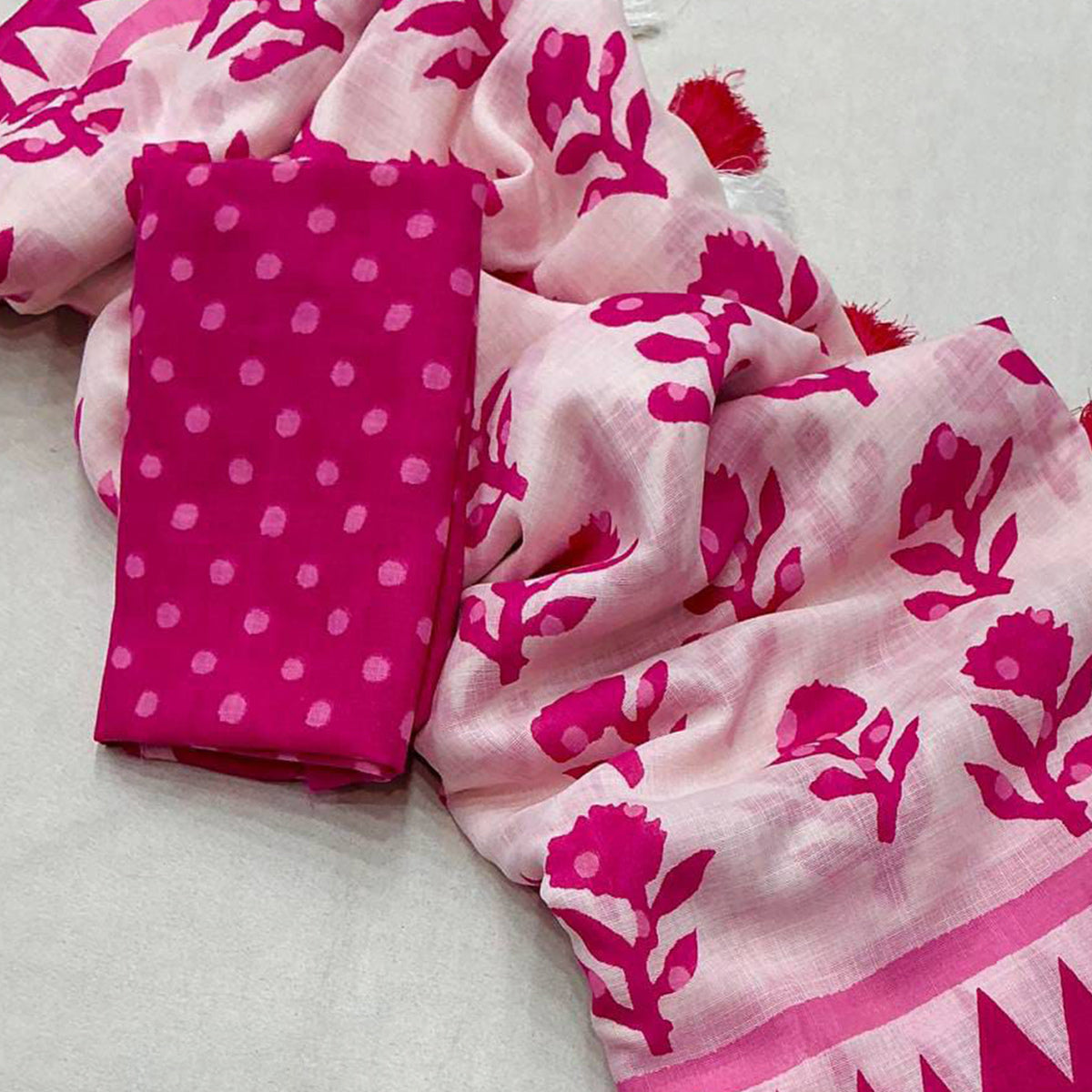 Lightweight White & Pink Floral Print Linen Saree Perfect Blend of Comfort and Style