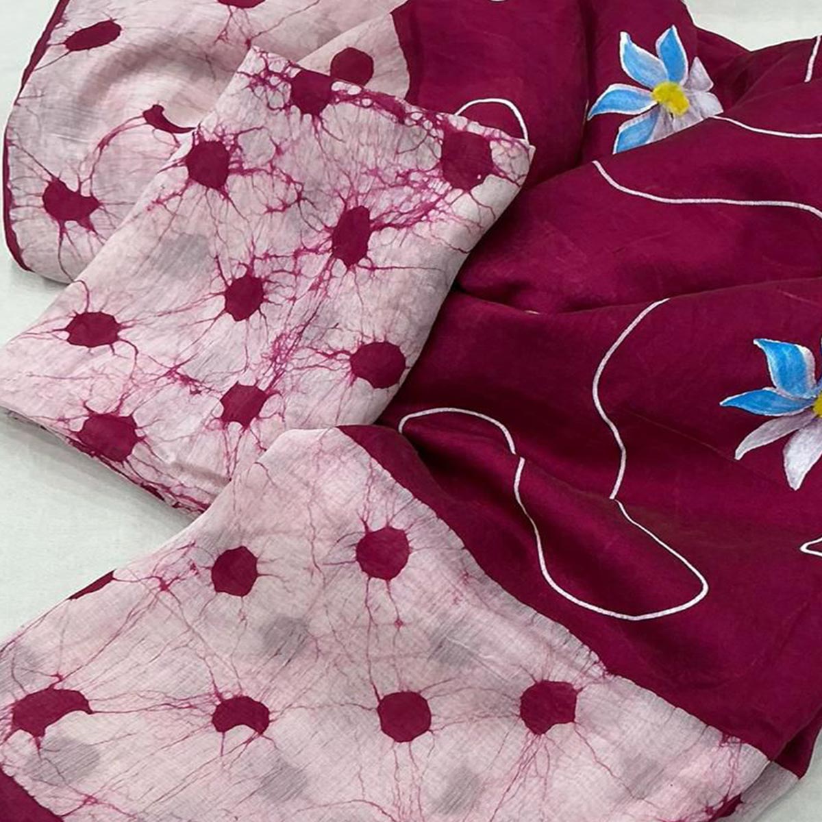 Pink Floral Handprinted Linen Saree for Graceful Ethnic Occasions