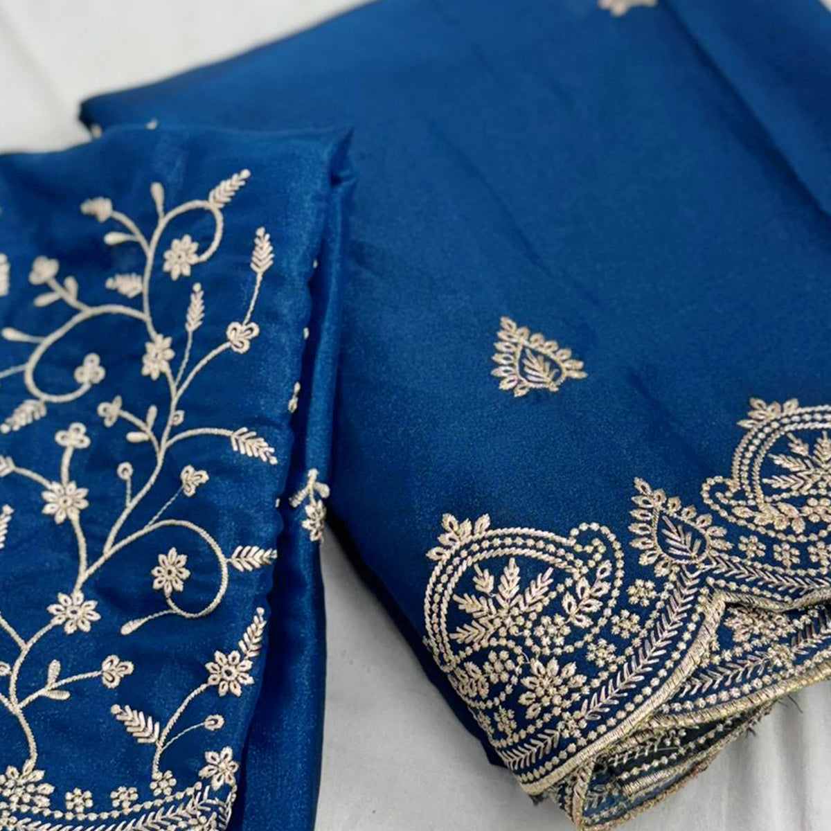 Gorgeous Blue Floral Embroidered Georgette Saree Accented With Luxurious Zari Work