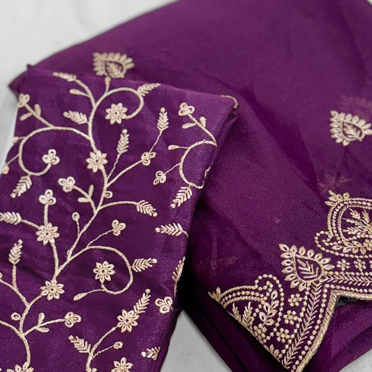 Gorgeous Purple Floral Embroidered Georgette Saree Accented With Luxurious Zari Work