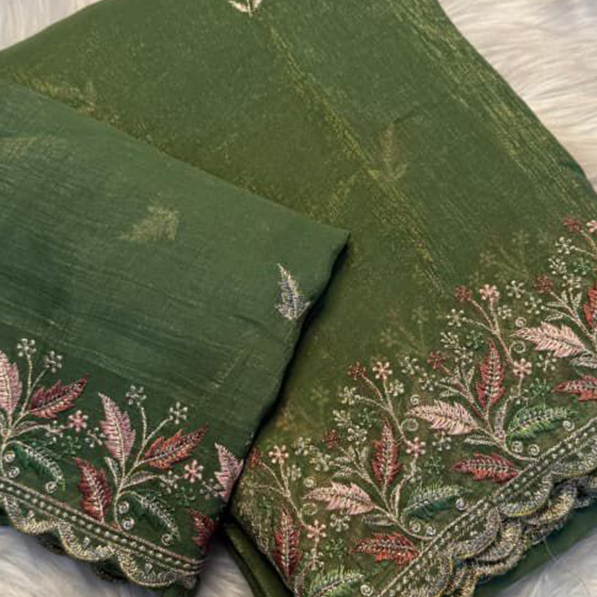 Mesmerizing Green Chiffon Saree Showcasing Artistic Floral Embroidery For A Luxurious Appeal