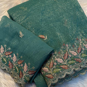 Mesmerizing Rama Green Chiffon Saree Showcasing Artistic Floral Embroidery For A Luxurious Appeal