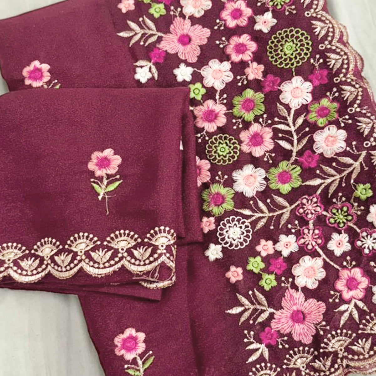 Graceful Maroon Georgette Saree Featuring Exquisite Floral Thread Embroidery Work