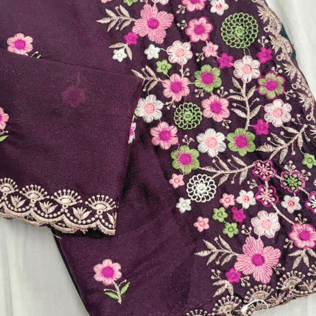 Graceful Wine Georgette Saree Featuring Exquisite Floral Thread Embroidery Work