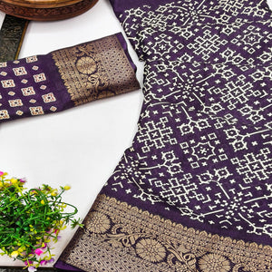 Contemporary Dark purple Geometric Mill Printed Dola Silk Saree With Ornate Floral Zari Border