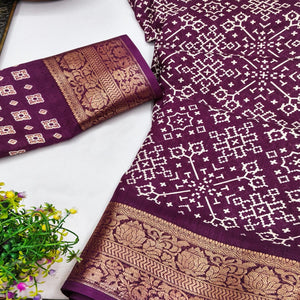Contemporary Purple Geometric Mill Printed Dola Silk Saree With Ornate Floral Zari Border