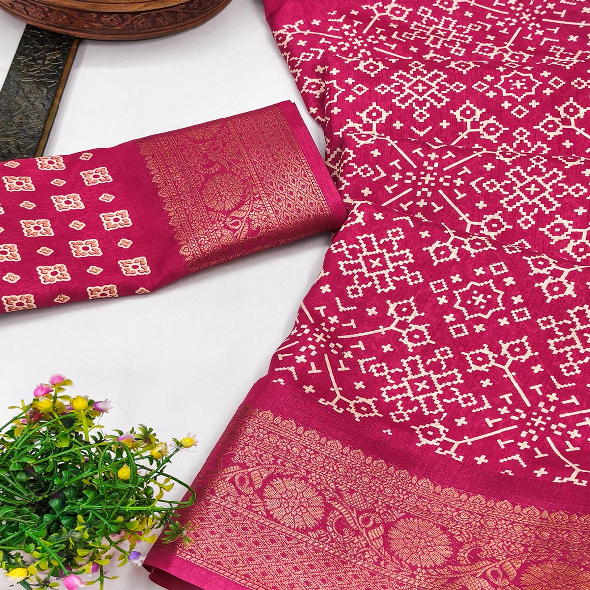 Contemporary Rani Pink Geometric Mill Printed Dola Silk Saree With Ornate Floral Zari Border