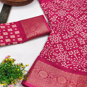 Contemporary Rani Pink Geometric Mill Printed Dola Silk Saree With Ornate Floral Zari Border