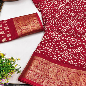 Contemporary Red Geometric Mill Printed Dola Silk Saree With Ornate Floral Zari Border