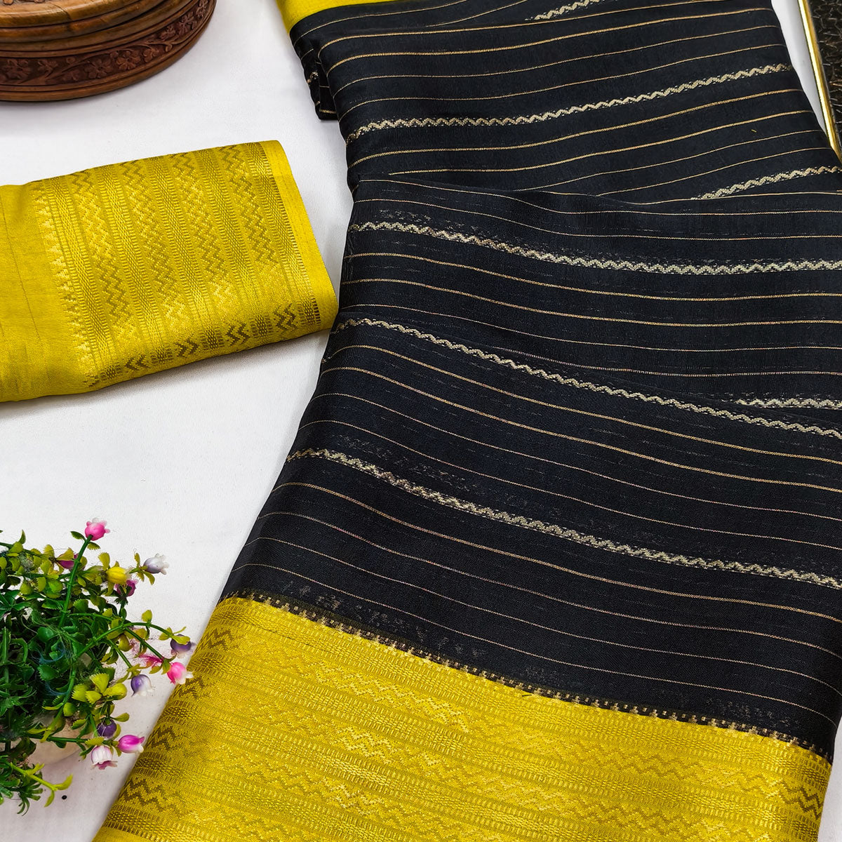 Black Jacquard Saree With Contemporary Striped Pattern Accented By Rich Zari Weaving