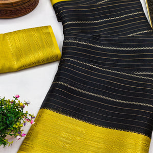 Black Jacquard Saree With Contemporary Striped Pattern Accented By Rich Zari Weaving