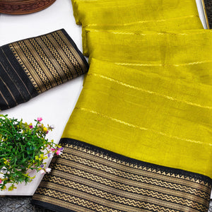 Lemon Yellow Jacquard Saree With Contemporary Striped Pattern Accented By Rich Zari Weaving