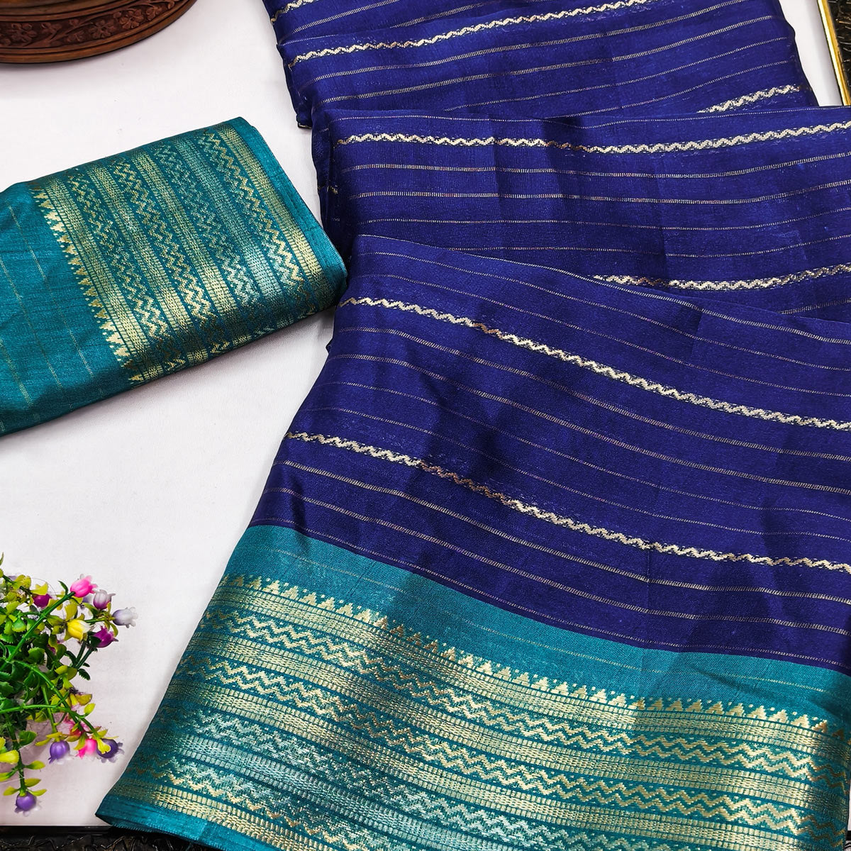 Navy Blue Jacquard Saree With Contemporary Striped Pattern Accented By Rich Zari Weaving