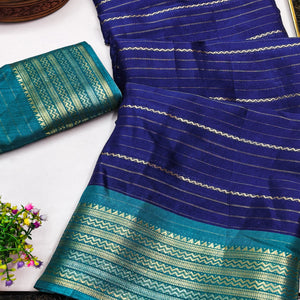 Navy Blue Jacquard Saree With Contemporary Striped Pattern Accented By Rich Zari Weaving