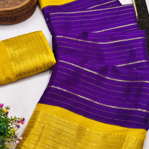 Purple Jacquard Saree With Contemporary Striped Pattern Accented By Rich Zari Weaving