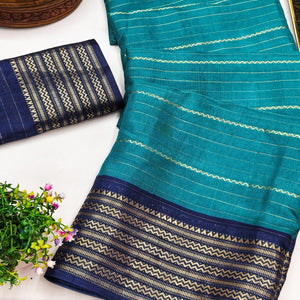 Turquoise Jacquard Saree With Contemporary Striped Pattern Accented By Rich Zari Weaving