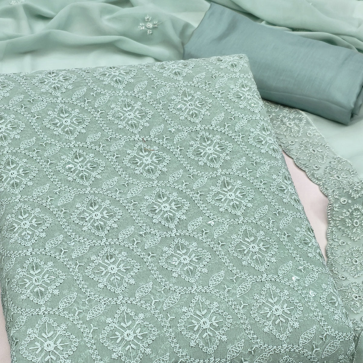 Stunning Ice Green Floral Embroidery With Sparkling Sequins Work Georgette Dress Material
