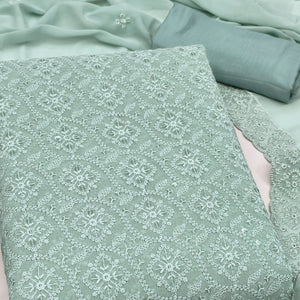 Stunning Ice Green Floral Embroidery With Sparkling Sequins Work Georgette Dress Material