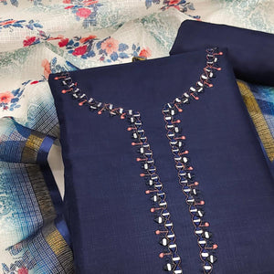 Classic Navy Blue Solid Dress Material Highlighted By Intricate Neck Mirror Embroidery