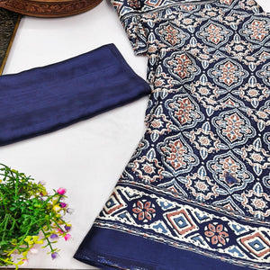 Charming Navy Blue Mill Printed Crepe Silk Saree Adorned With Vibrant Floral Design