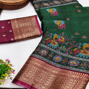 Majestic Green stard Elephant & Floral Printed Dola Silk Saree Featuring Intricate Weaving Border