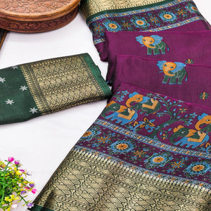 Majestic Wine Elephant & Floral Printed Dola Silk Saree Featuring Intricate Weaving Border