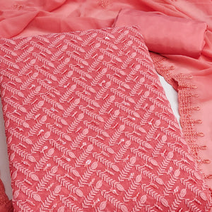 Lightweight Coral Pink Georgette Dress Material Adorned with Beautiful Floral Embroidery