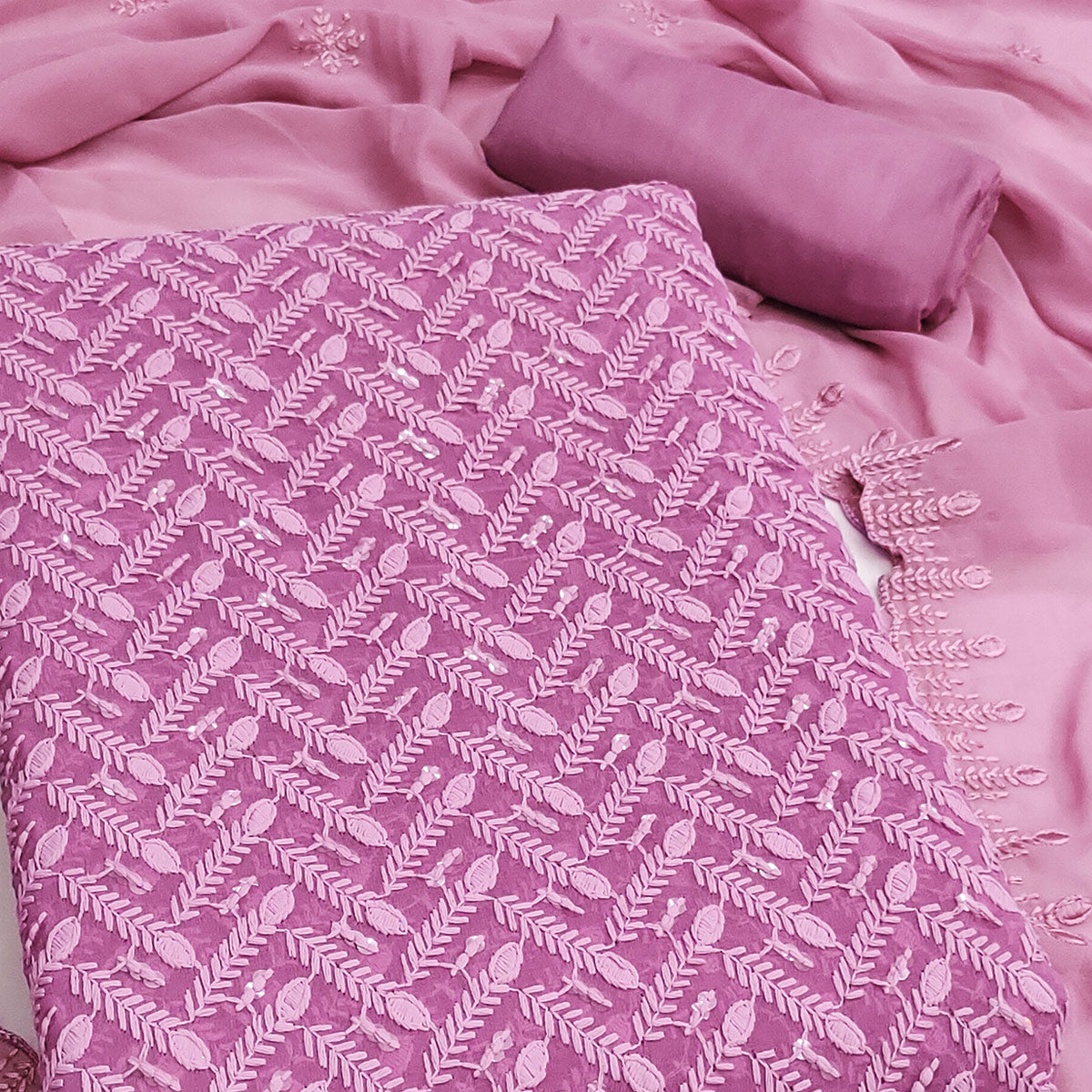 Lightweight Pink Georgette Dress Material Adorned with Beautiful Floral Embroidery