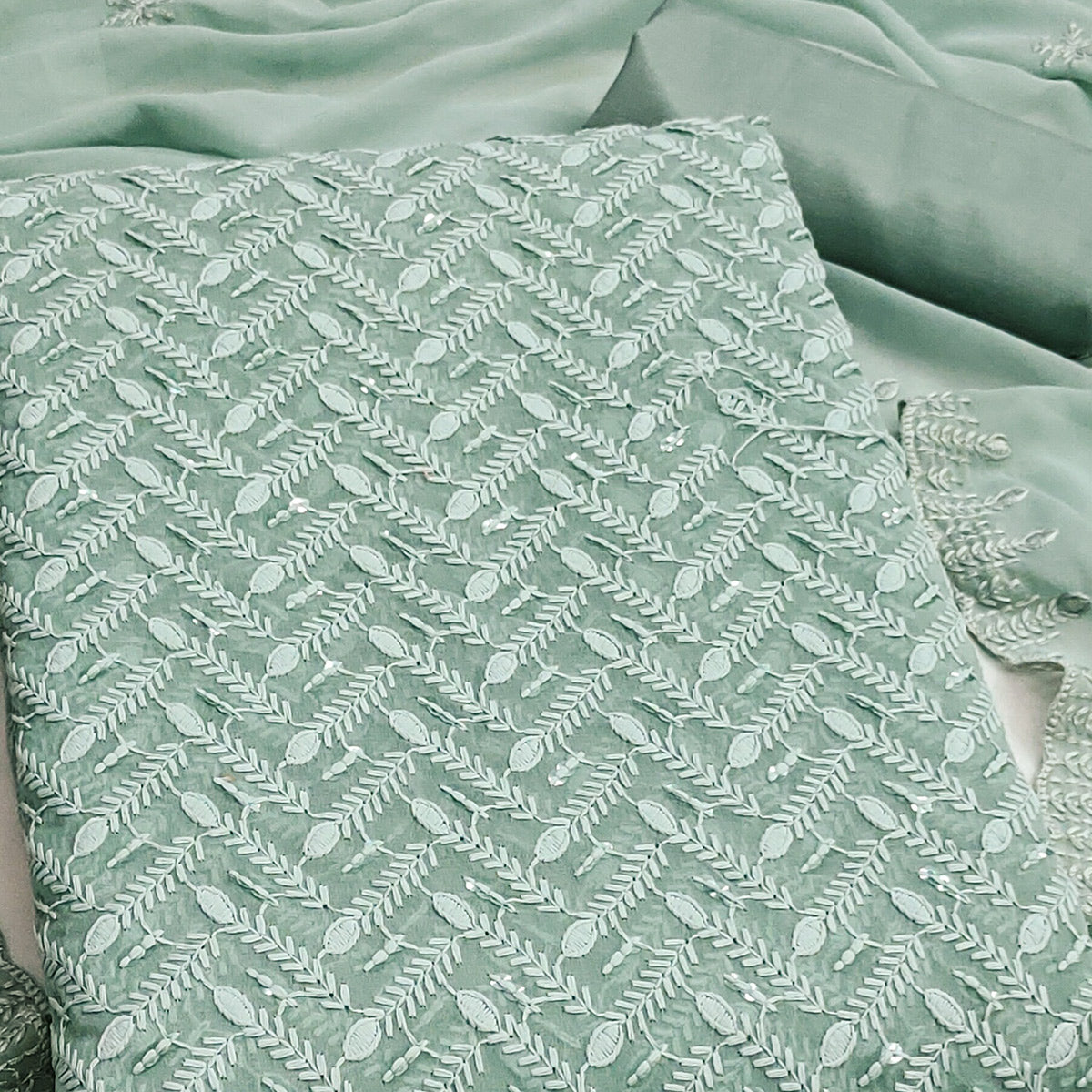 Lightweight Sage Green Georgette Dress Material Adorned with Beautiful Floral Embroidery