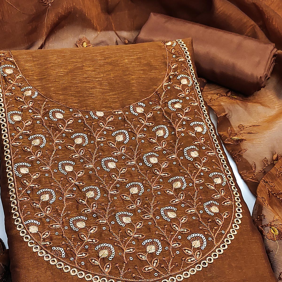 Beautiful Brown Art Silk Unstitched Suit Material Decorated with Fine Floral Embroidery Work