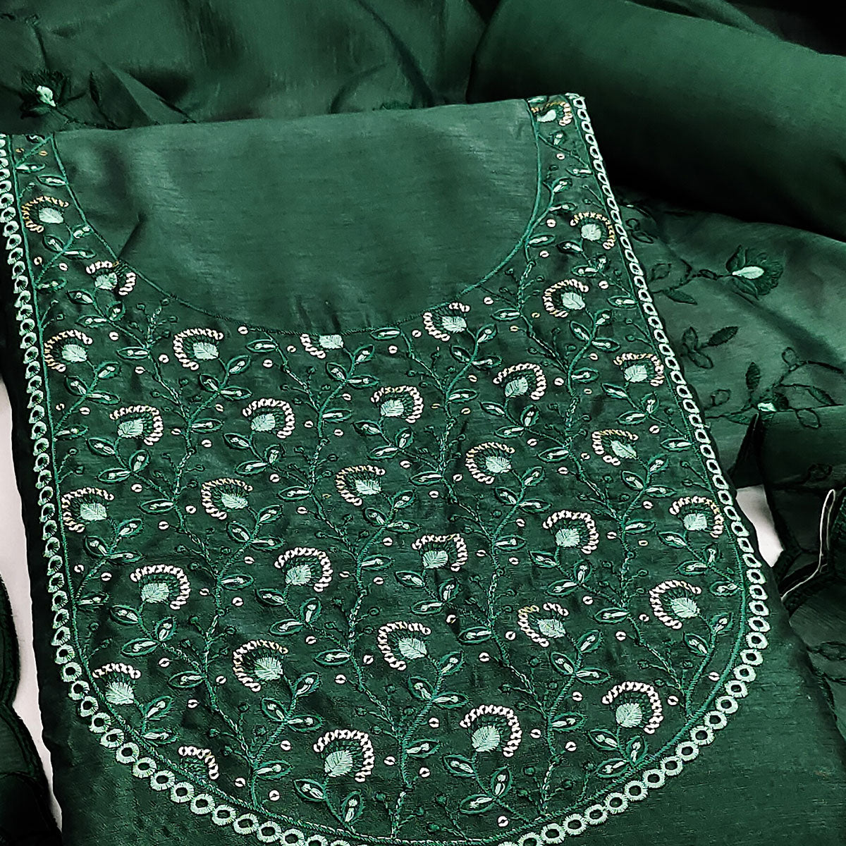 Beautiful Green Art Silk Unstitched Suit Material Decorated with Fine Floral Embroidery Work