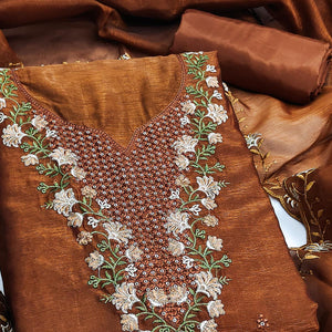 Brown Floral Embroidered Art Silk Suit Material Ideal for Festive and Celebration Looks