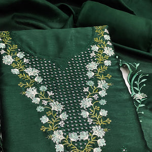 Green Floral Embroidered Art Silk Suit Material Ideal for Festive and Celebration Looks